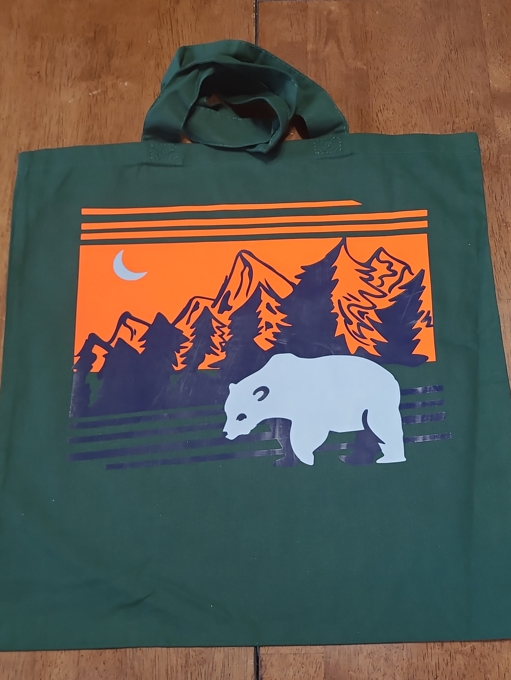 Green Canvas Tote Bag with Orange Mountain & White Bear Graphic